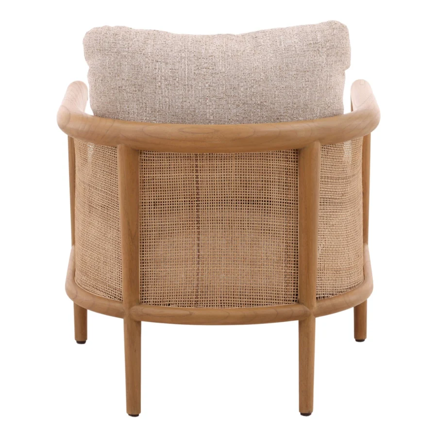 Lounge chair by Dovetail in light beige tweed upholstery with medium toned wood frame, smooth finish and woven cane backrest