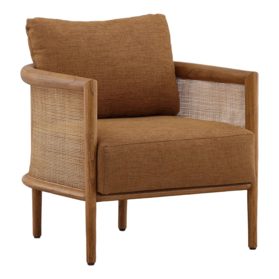 Lounge chair by Dovetail Odile with solid wood frame in matte finish, textile upholstery and woven natural tan cane panels