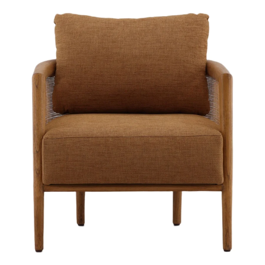 Lounge chair by Dovetail Odile with brown wood frame, woven cane panels and textured fabric upholstery on tapered legs