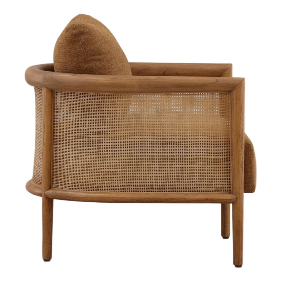 Lounge chair by Dovetail in medium brown textured fabric with golden undertones and wood frame featuring matte finish