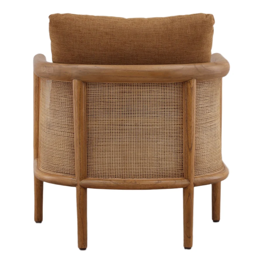 Lounge chair by Dovetail featuring wooden frame with matte finish, natural cane webbing, and tan textured fabric upholstery
