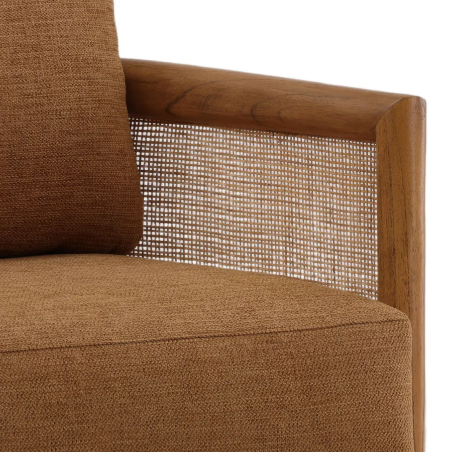 Lounge chair by Dovetail in medium brown textured fabric with cane side panel, visible wood frame and satin finish
