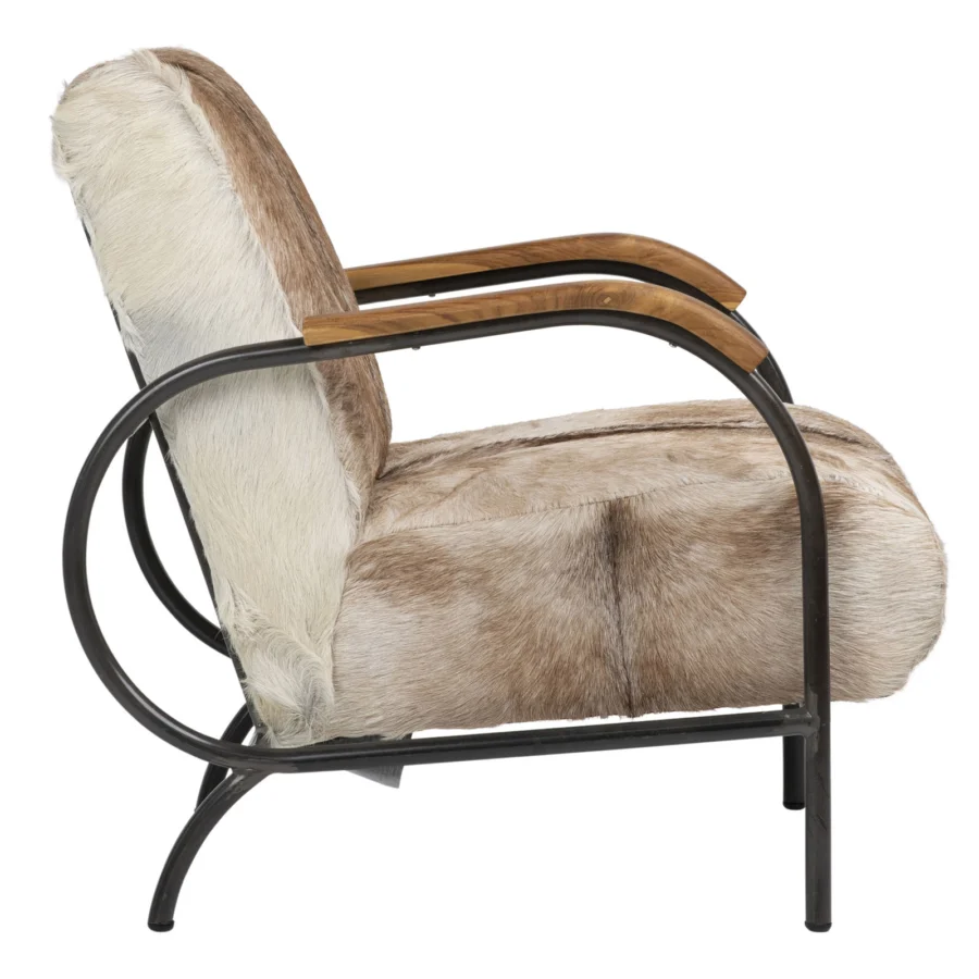 Lounge chair by Dovetail in cream tan and brown hair-on-hide leather upholstery featuring a dark matte metal frame and wood…