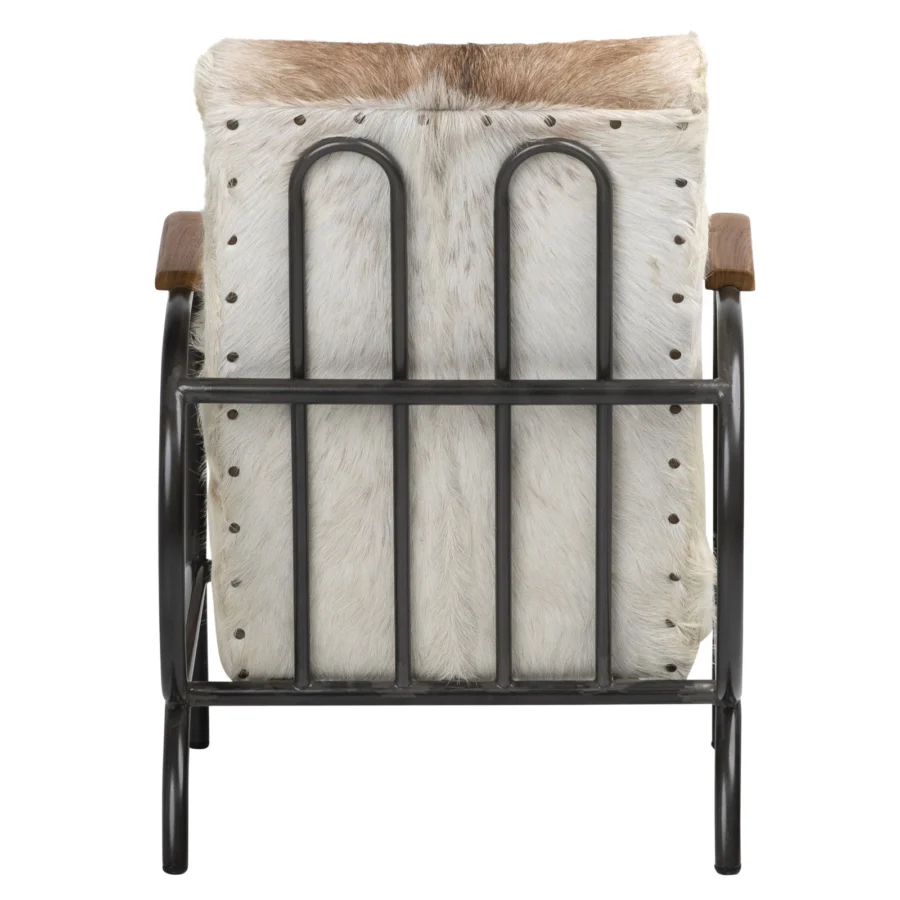 Lounge chair by Dovetail featuring tubular metal frame, dark matte finish, hair-on hide upholstery, wood armrest inserts and nailhead details
