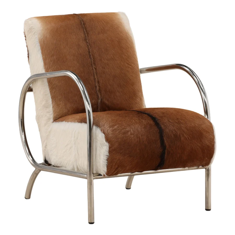 Lounge chair by Dovetail in tri-color cowhide with natural coarse texture, built on a polished metal tubular exoskeleton