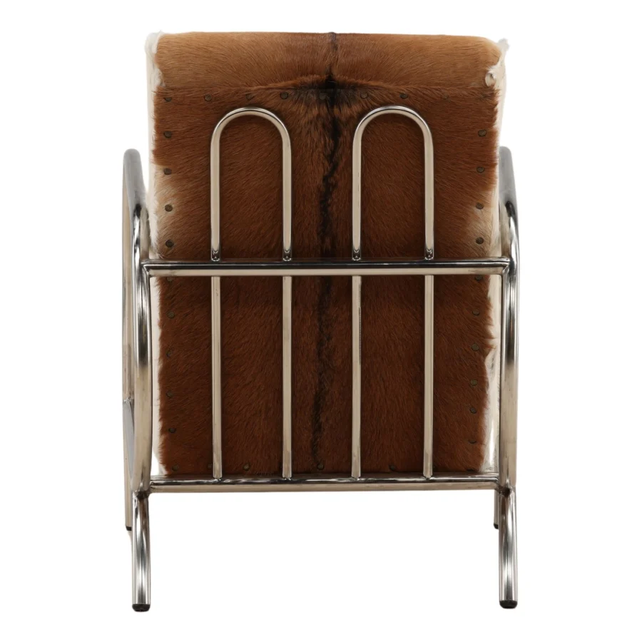 Lounge chair by Dovetail Laney with brown and white hair on hide upholstery in a polished glossy tubular metal structure