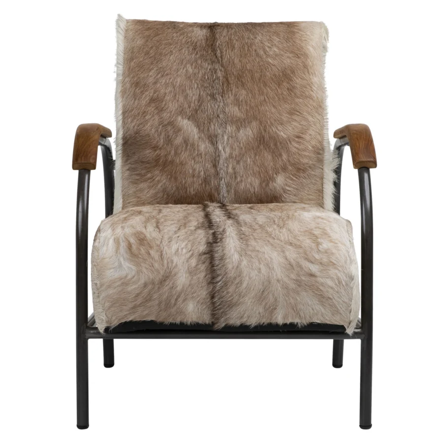 Lounge chair by Dovetail in textured animal hide, featuring a metal frame and wood armrests