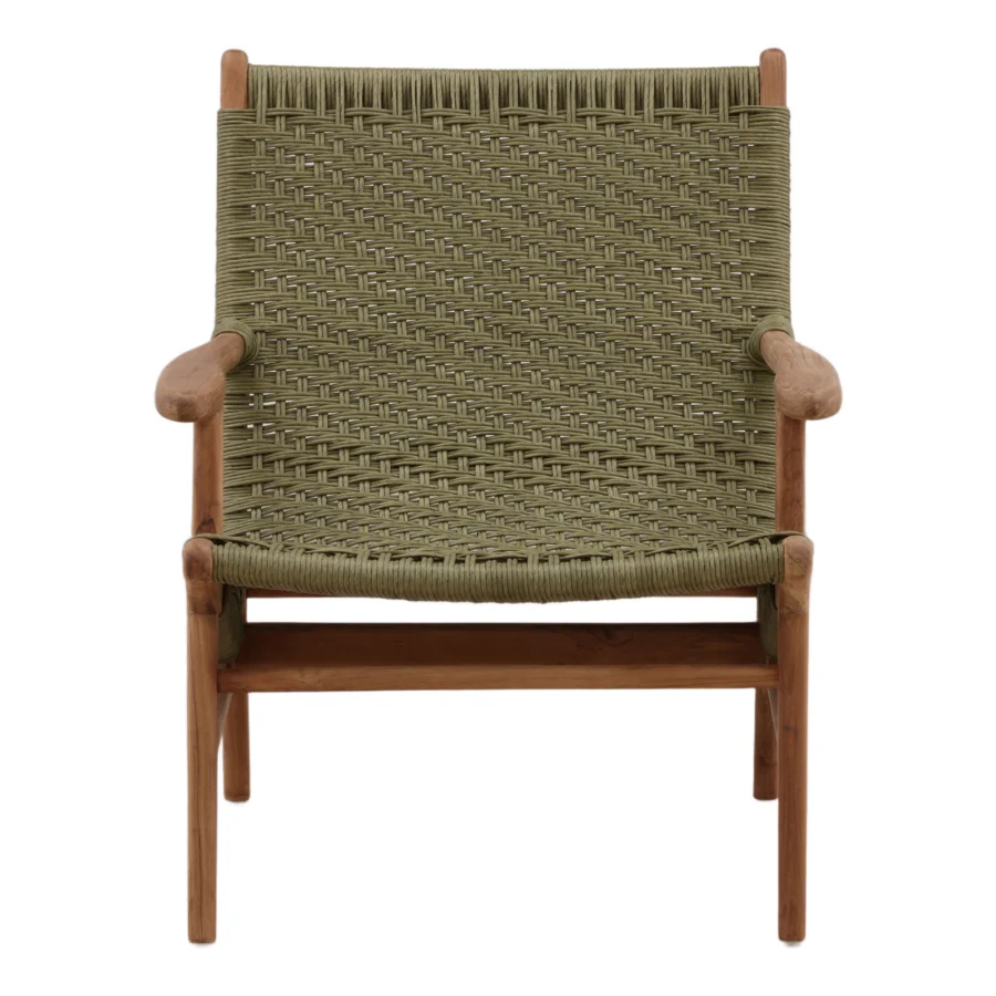 Lounge chair by Dovetail featuring a wood frame and woven rope seat with curved armrests in olive green and brown