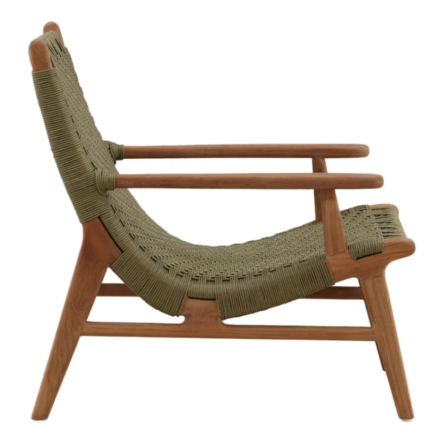 Lounge chair by Dovetail Home in medium brown wood with matte finish plus olive green woven cord seat and backrest