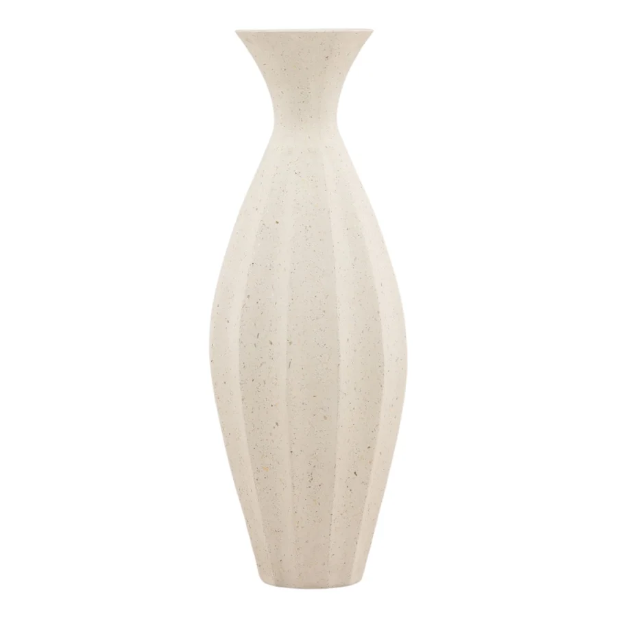 Vase by Dovetail crafted from ceramic in off-white speckled color with matte textured finish and vertical faceted fluting