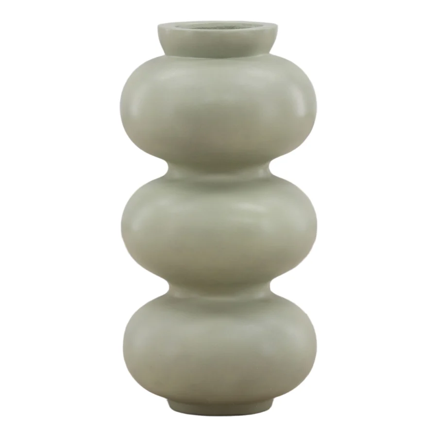 Vase by Dovetail Rhydian in solid composite material with an organic stacked silhouette and a muted matte sage green finish