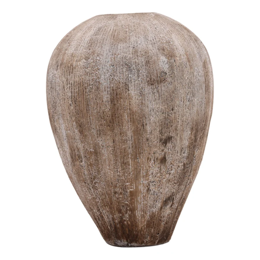 Pot by Dovetail Home in earthy brown with weathered stone finish and organic teardrop silhouette plus vertical striations