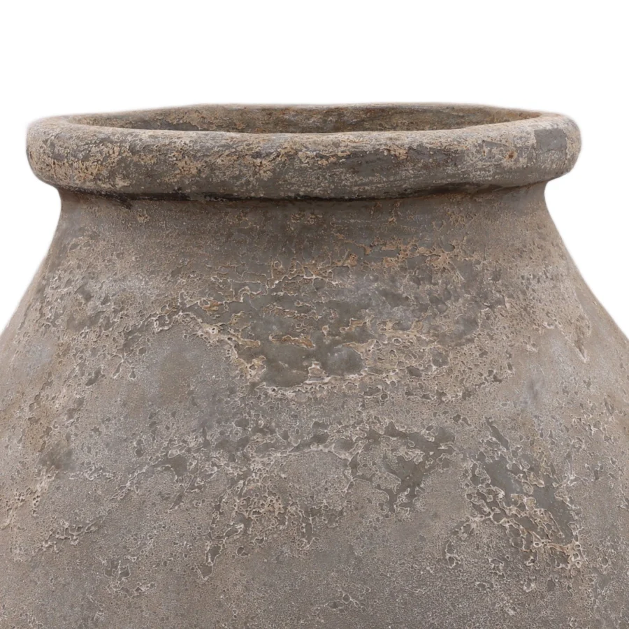 Pot by Dovetail in ceramic with weathered matte finish, displaying grey color plus mottled beige and taupe earthy tones