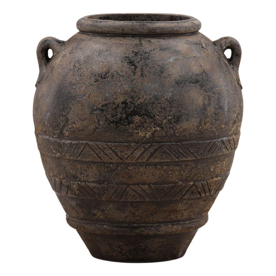 Pot by Dovetail in ceramic composite, featuring weathered finish holding brown, charcoal, and grey earth tones