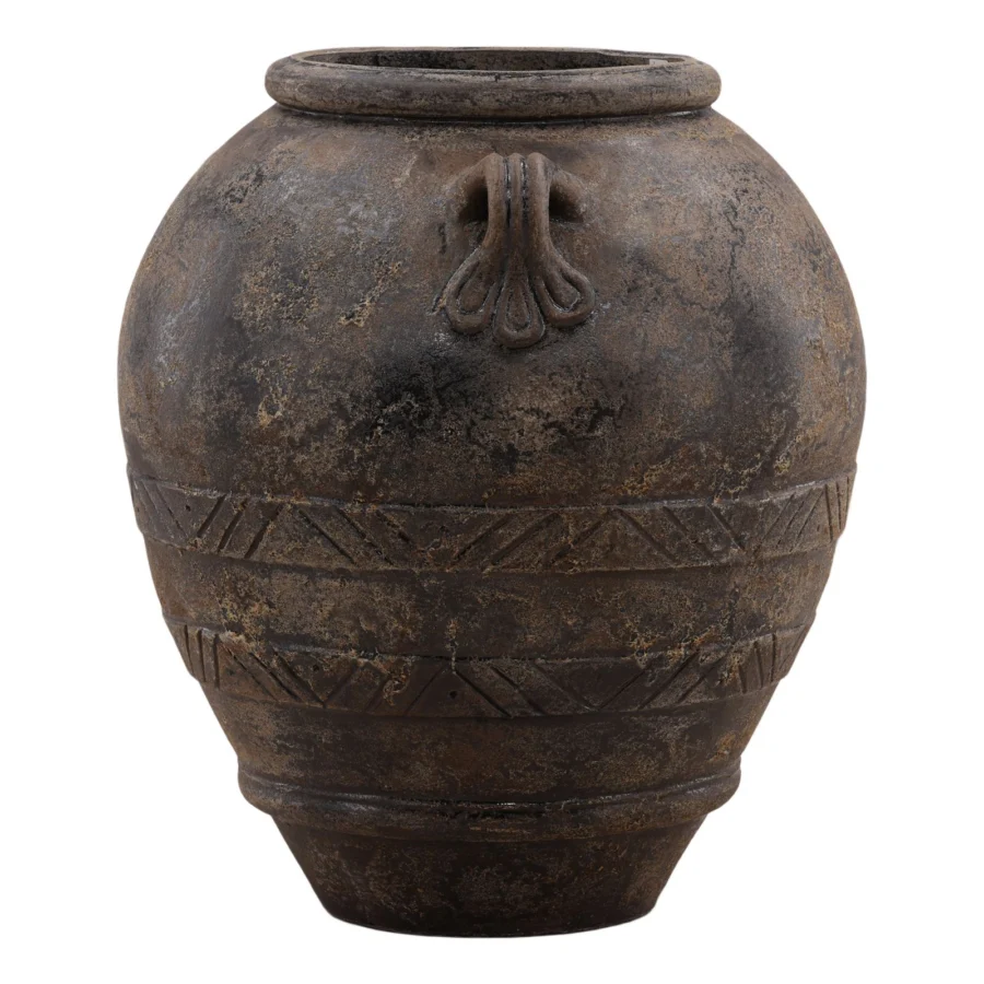 Planter by Dovetail in ceramic material with weathered stone finish, showing geometric bands and handles