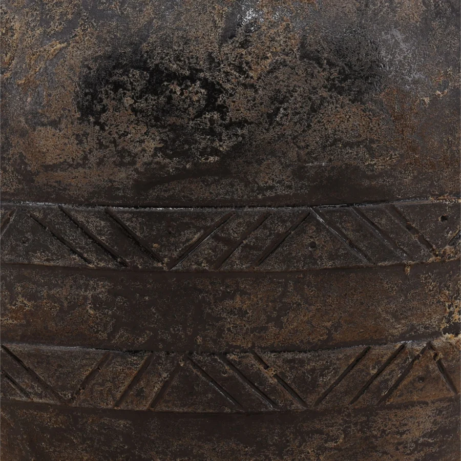 Planter by Dovetail Home in dark brown ceramic with bronze accents, weathered finish, granular texture, and geometric bands