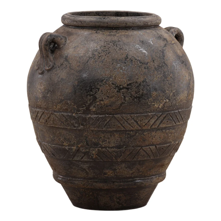 Planter by Dovetail Home in ceramic with weathered brownish-black finish, mottled bronze, rust, gray tones, loop handles