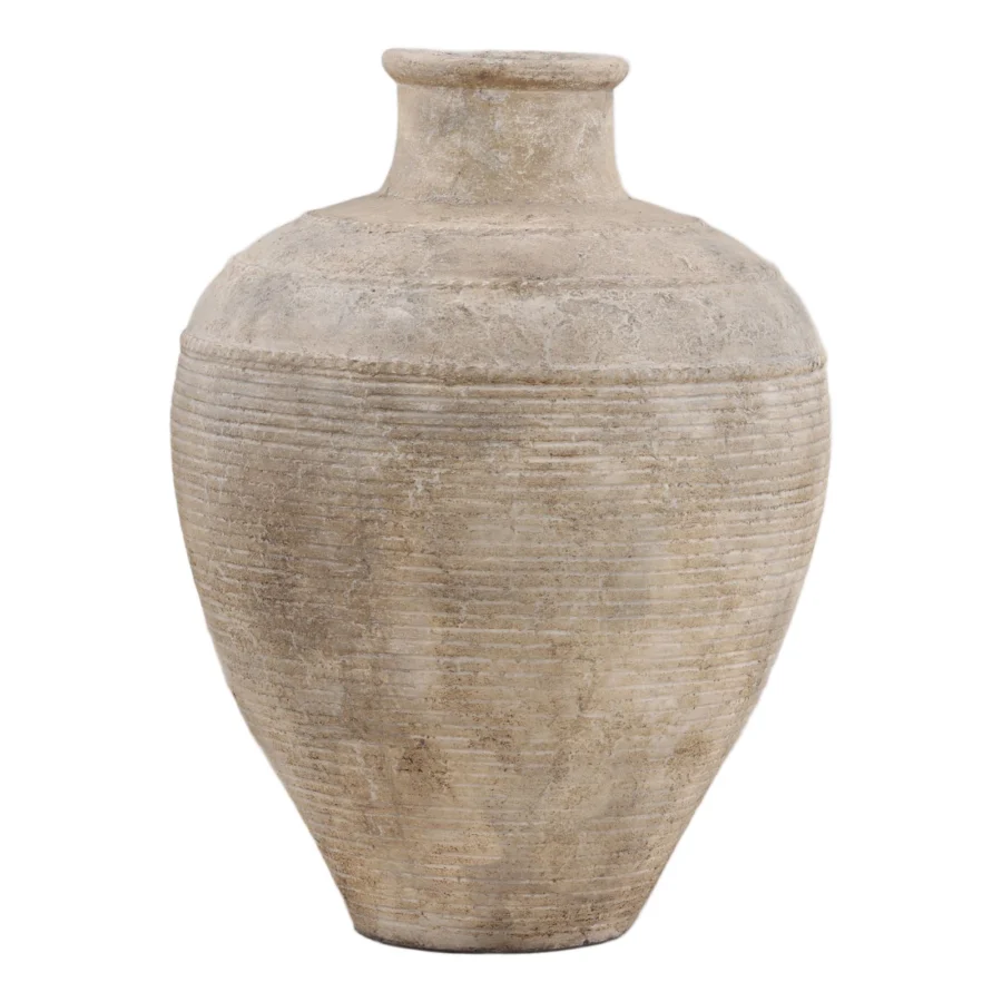 Pot by Dovetail Verta in earthenware with weathered textured finish, amphora silhouette including horizontal ridge beads