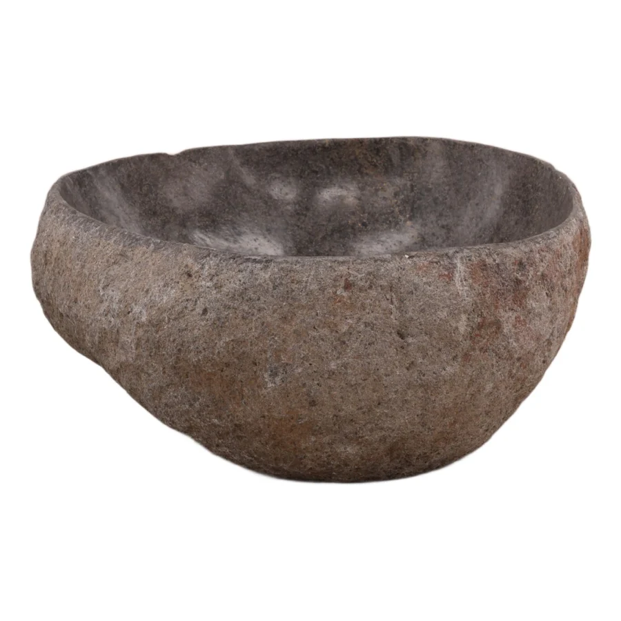 Bowl by Dovetail in solid stone with charcoal grey exterior and polished interior basin showing mottled rust tones