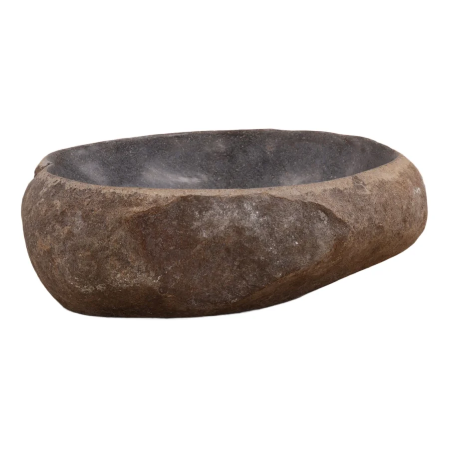 Bowl by Dovetail in stone with matte weathered exterior and smooth dark interior cavity displaying organic asymmetrical lines