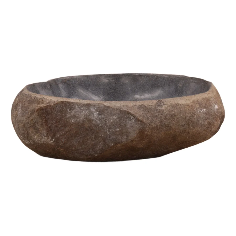 Bowl by Dovetail in natural stone with a textural earth-toned exterior and a smooth matte dark charcoal interior finish