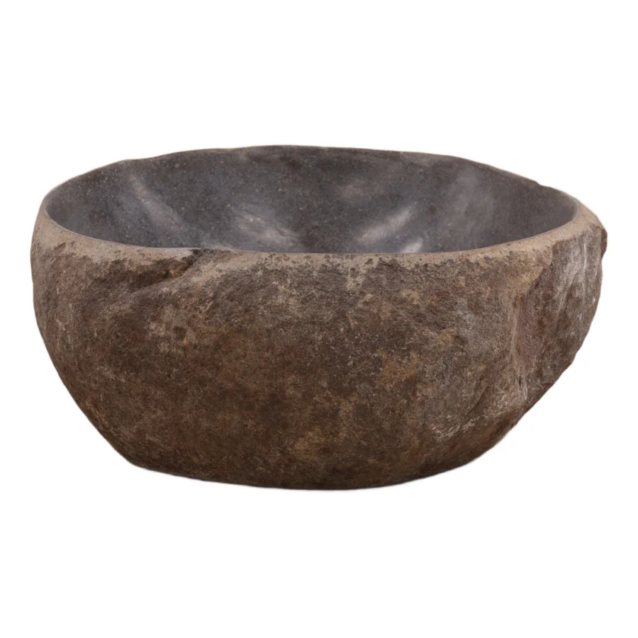 Bowl by Dovetail in stone with rough exterior and smooth dark interior, featuring a heavy rounded silhouette and flat base