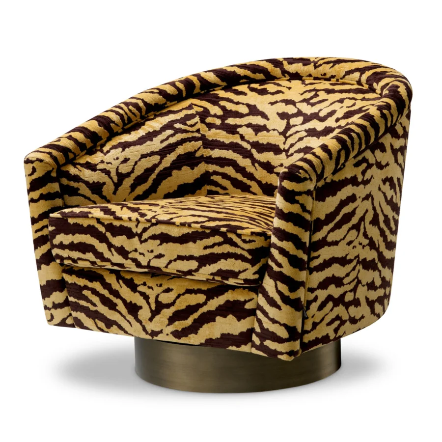 Lounge chair by Eichholtz in yellow and dark brown tiger-print textile with a cylindrical brushed brass base and backrest
