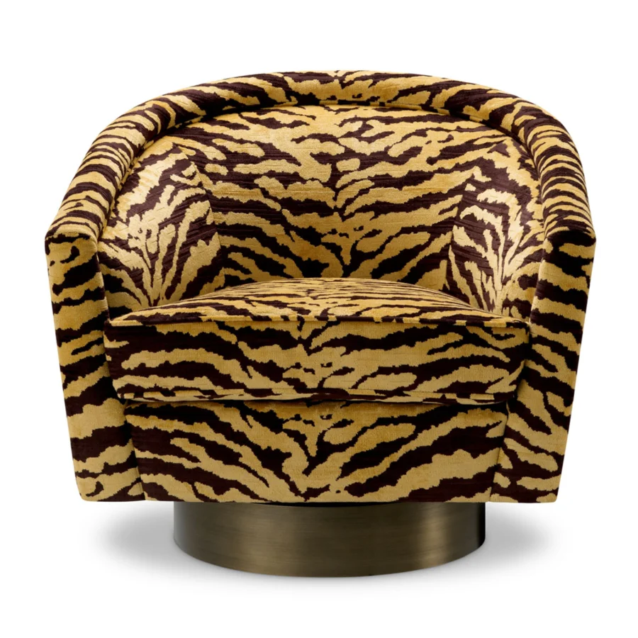 Lounge chair by Eichholtz in Tigris brown tiger-print fabric with swivel base in a brushed brass-finish tub silhouette