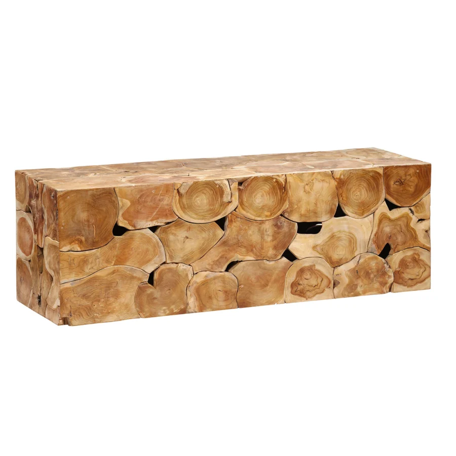 Bench by Dovetail in reclaimed wood with mosaic circular log cross-sections and a natural matte tan honey-brown finish