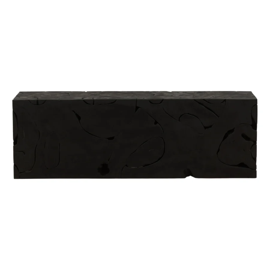 Bench by Dovetail in reclaimed wood with an interlocking patchwork design and a uniform matte black finish on the surface