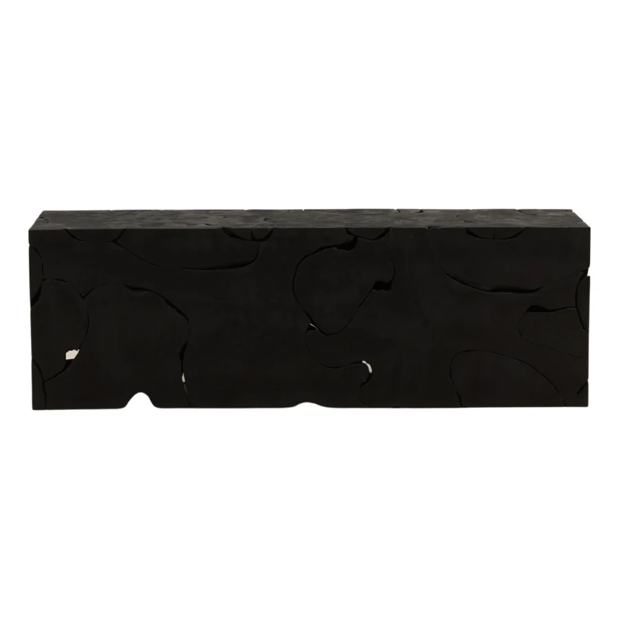 Bench by Dovetail in reclaimed wood with matte dark black finish, crafted as low rectangular block of interlocking parts