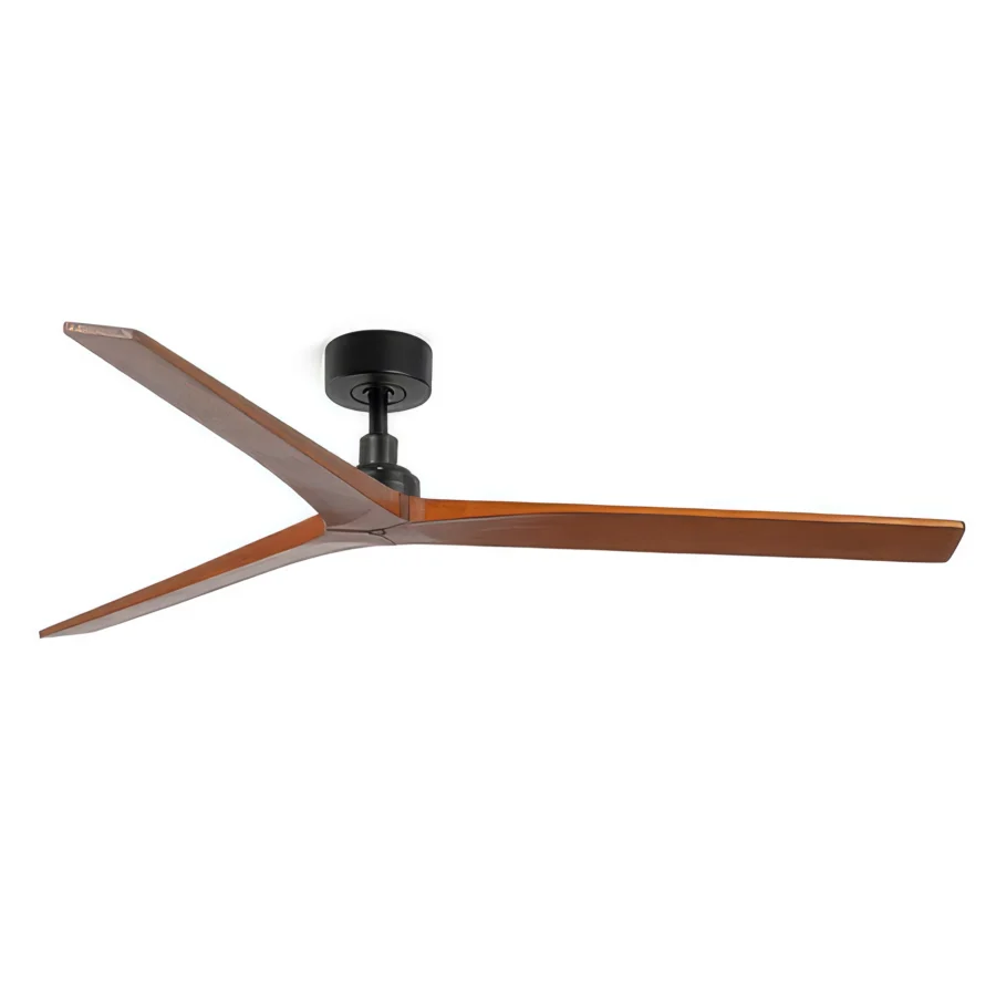 Ceiling fan by Faro Barcelona with brown wood blades and black metal motor housing in a matte finish for air…