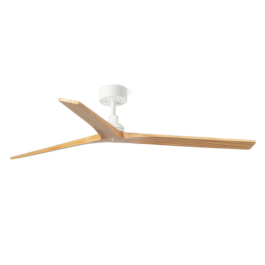 Ceiling fan by Faro Barcelona featuring wooden blades, metal housing, and downrod in matte white