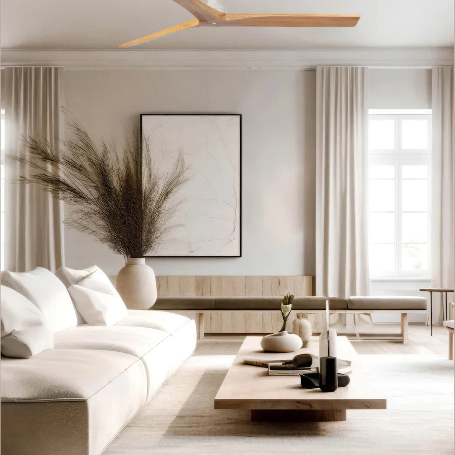 Ceiling fan by Faro Barcelona with matte white cylindrical motor housing and natural wood blades in beige brown grain tones