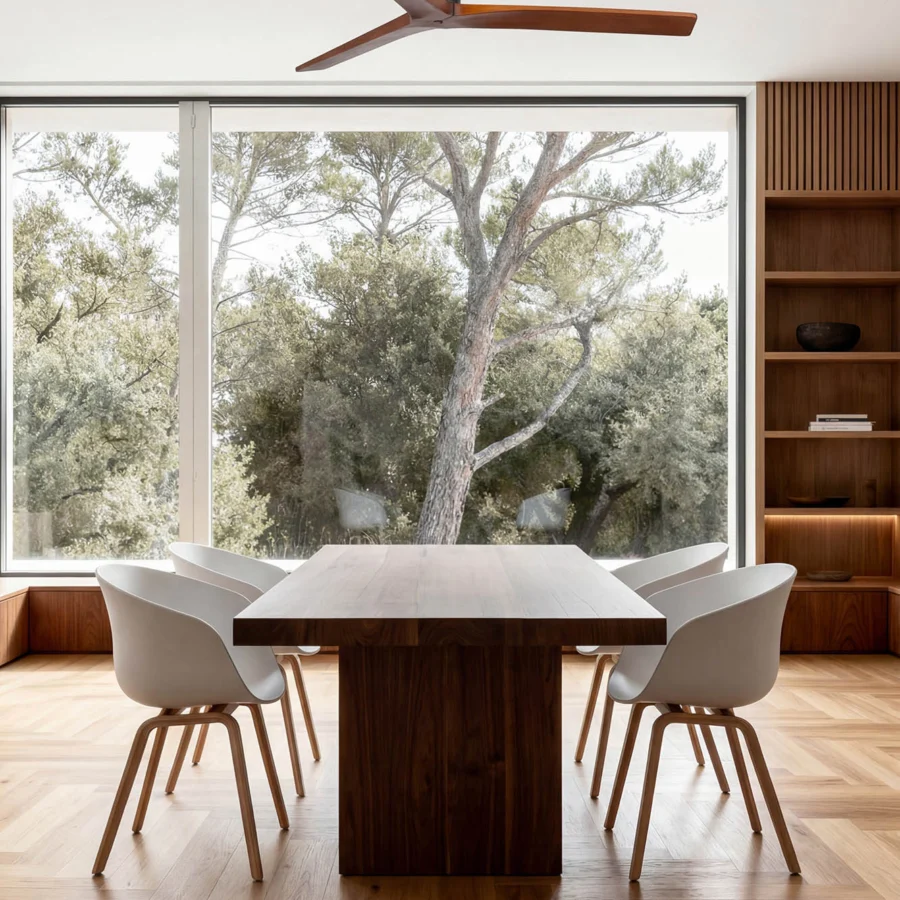 Ceiling fan by Faro Barcelona featuring wood blades in brown and metal motor housing with matte black finish