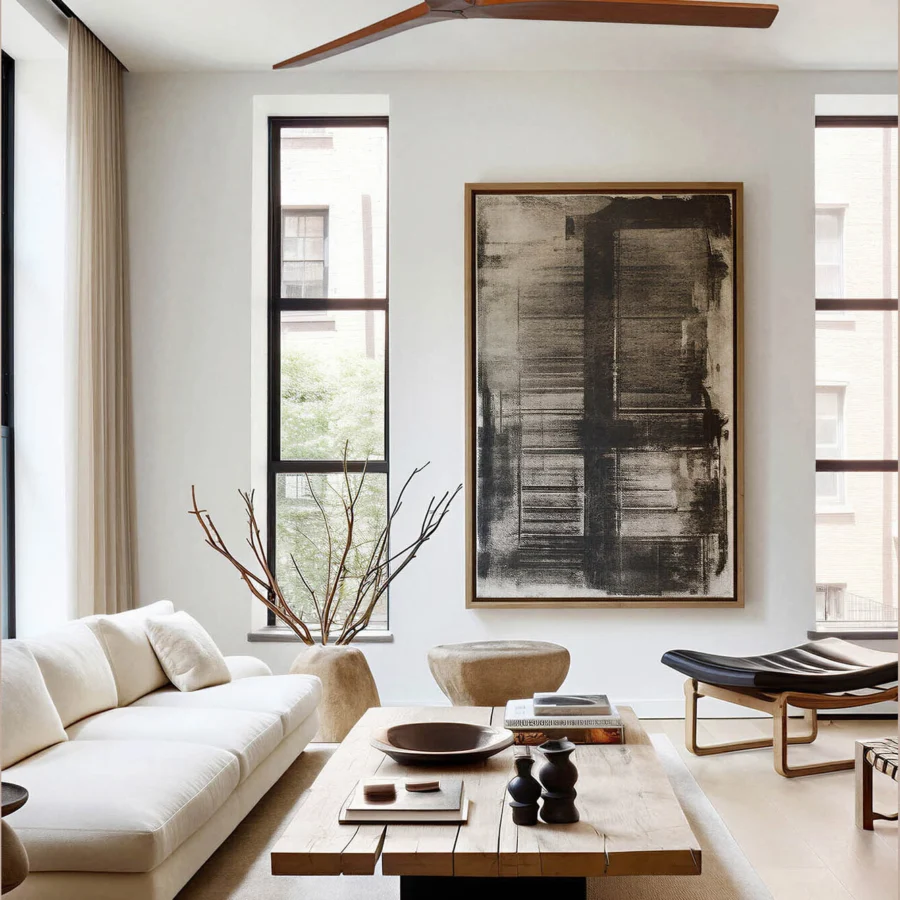 Ceiling fan by Faro Barcelona with matte black motor housing and three elongated warm brown wood grain blades for airflow