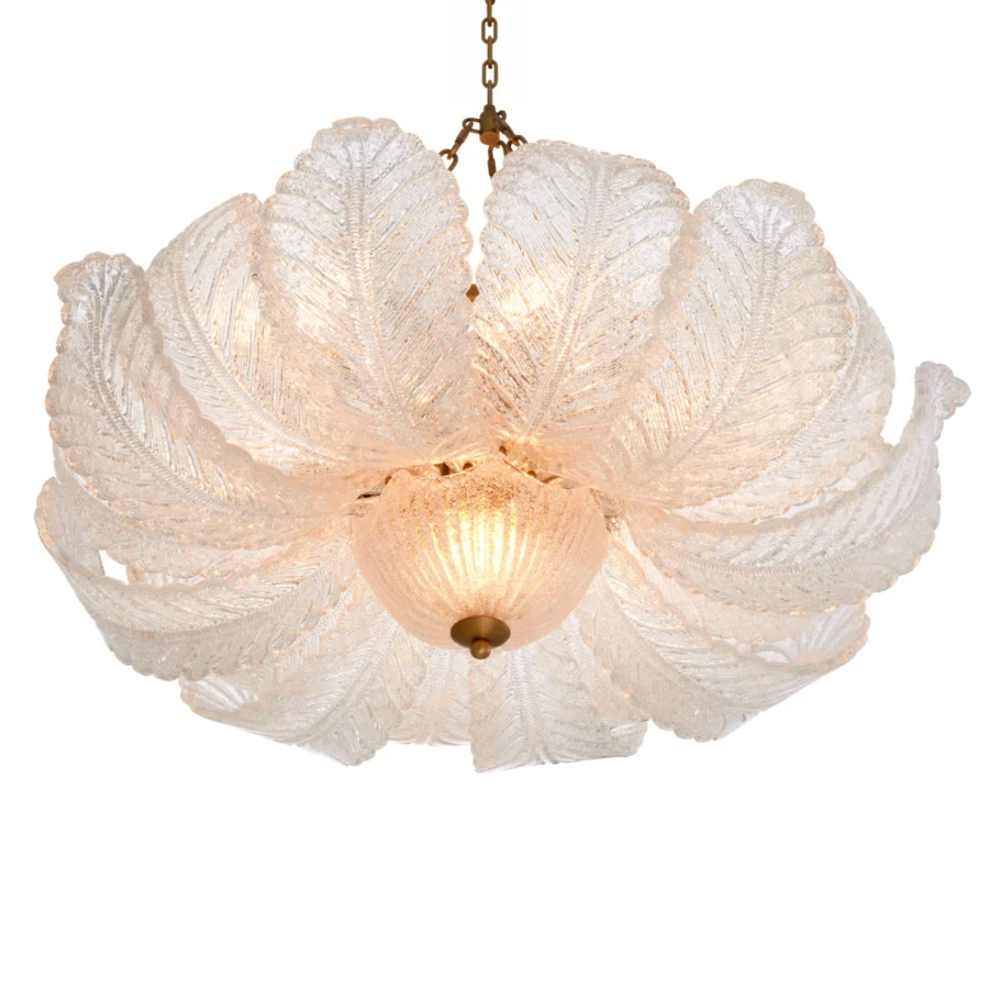 Suspension lamp by Eichholtz in antique brass with organic glass panels resembling a blooming flower