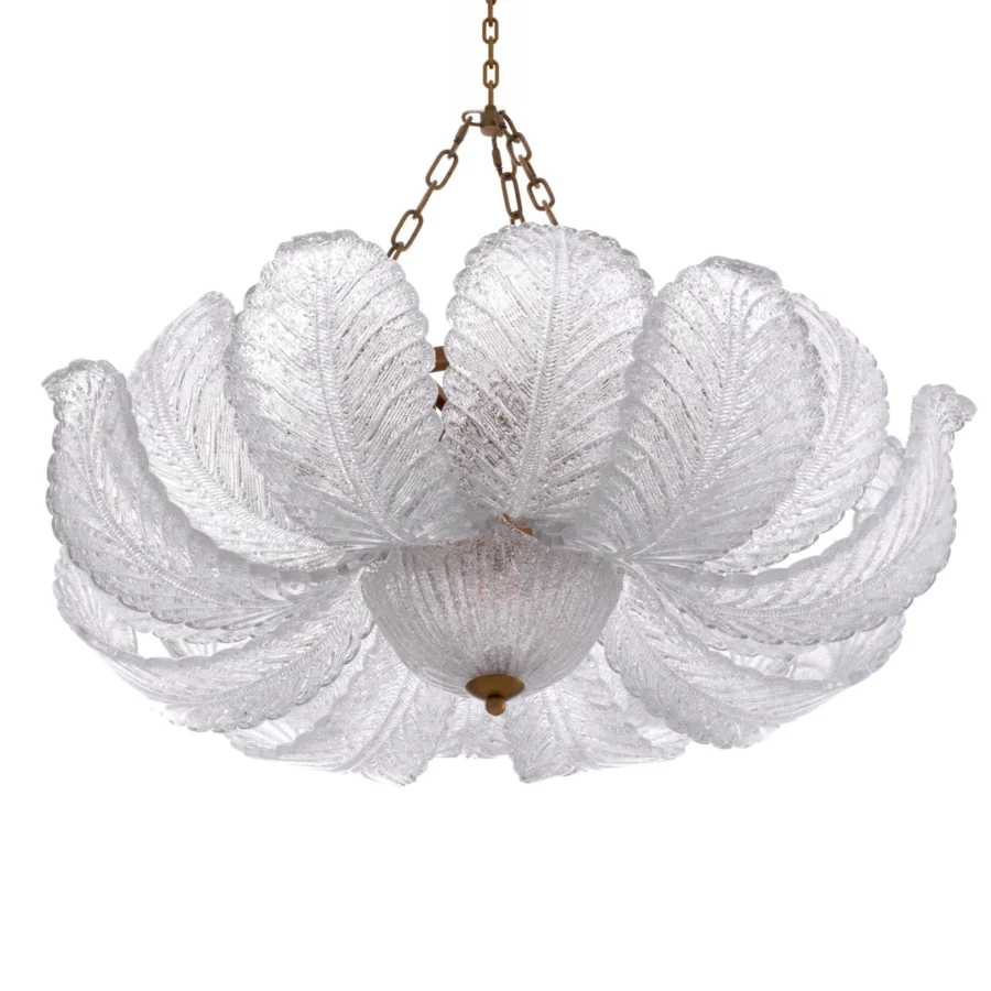 Suspension lamp by Eichholtz with flower shaped textured glass diffuser in antique brass finish and triple chain system