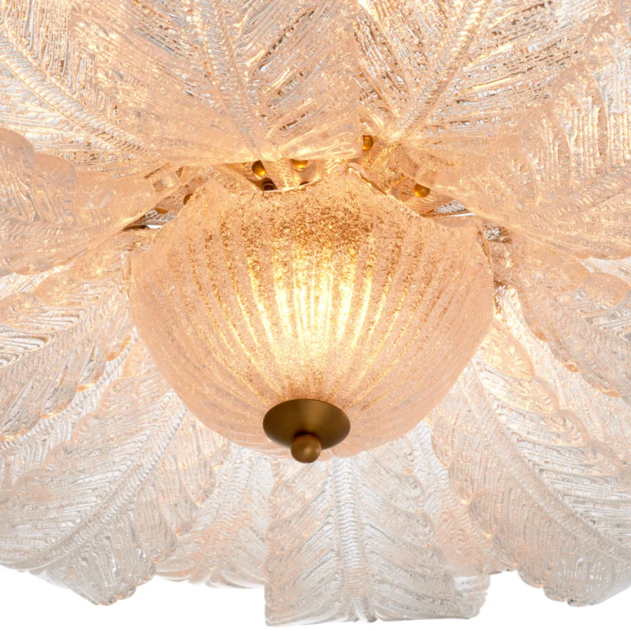 Suspension lamp by Eichholtz featuring textured glass elements and an antique brass finish structure