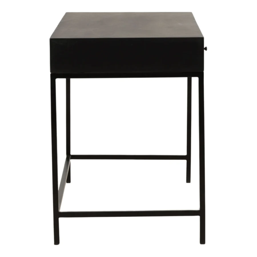 Desk by Dovetail Darwick with matte wood upper storage, black metal frame, single round knob and lower stretcher base