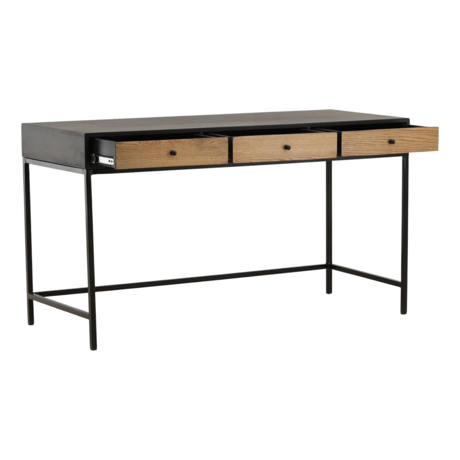 Desk by Dovetail in dark wood with natural grain drawer fronts, matte black metal frame and three round knob handles