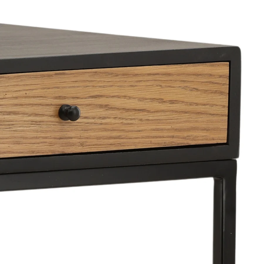 Desk by Dovetail in dark wood and composite with natural light brown drawer front and black metal frame