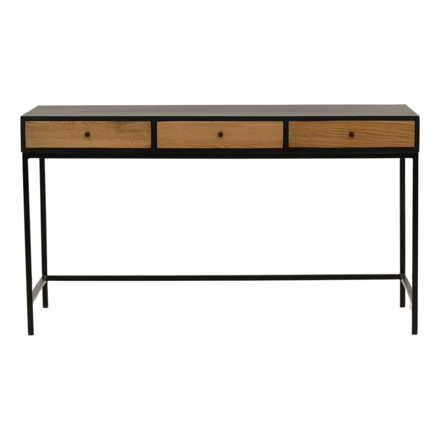Desk by Dovetail Darwick in natural wood with grain on three drawer faces plus a black metal frame and matte…