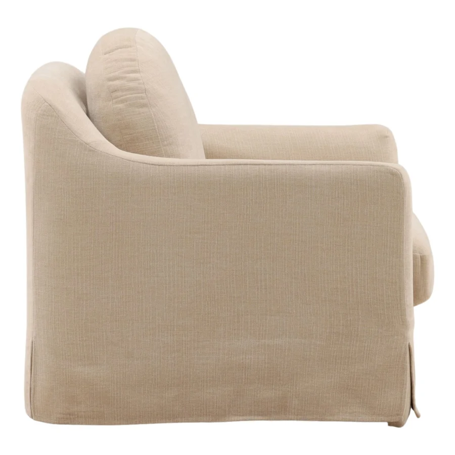 Lounge chair by Dovetail Savanna in light taupe fabric upholstery with a matte finish, curved armrests and skirted base