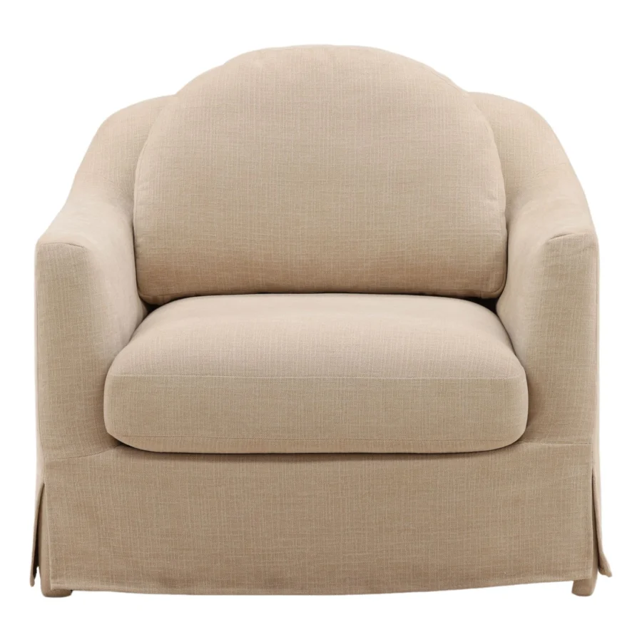 Lounge chair by Dovetail in beige textured woven fabric with matte finish, rounded silhouette, cushion and fitted skirt