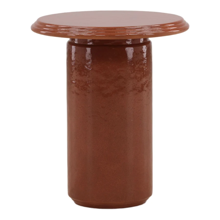 Side table by Dovetail Renwick in terracotta ceramic featuring a smooth top and a textured base with a high gloss…