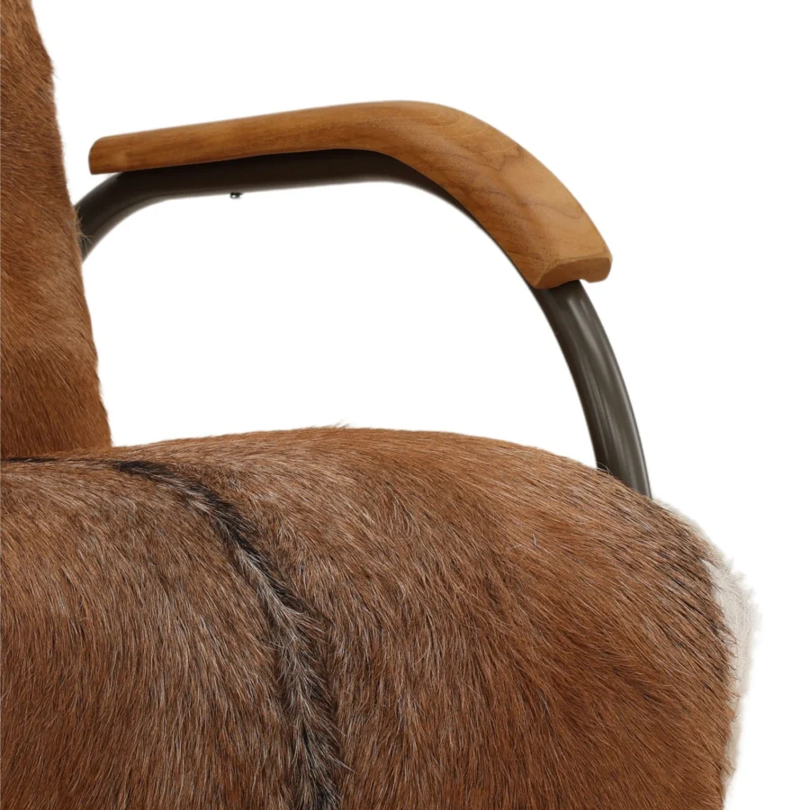 Lounge chair by Dovetail Newland in brown tan hair-on hide upholstery with natural wood armrests and matte metal frame