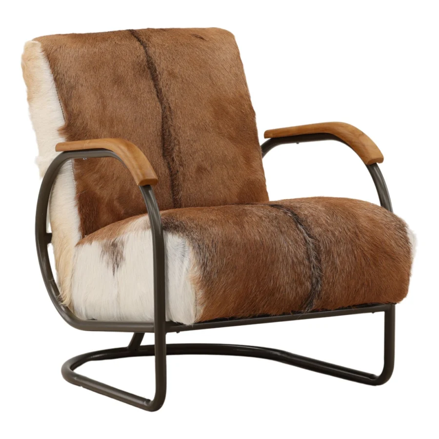 Lounge chair by Dovetail in brown white hair on hide cowhide upholstery with dark metal tubular frame and satin wood…