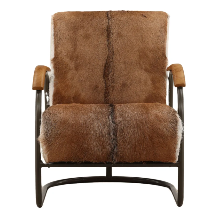 Lounge chair by Dovetail in medium brown animal hide upholstery with dark metal base and wood armrest inserts