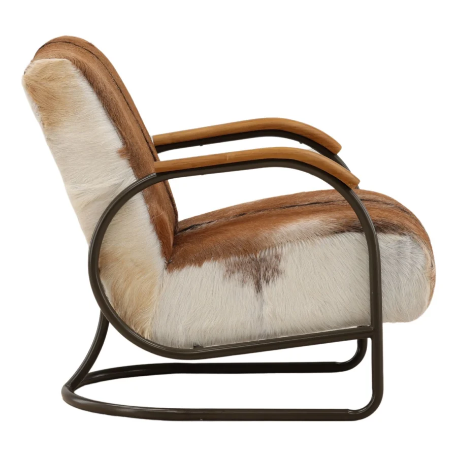 Lounge chair by Dovetail in brown white hair-on-hide upholstery with dark matte metal frame plus curved wooden armrests